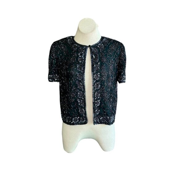 Papell Boutique Evening Navy Blue Beaded 100% Silk Size Medium - Picture 1 of 9